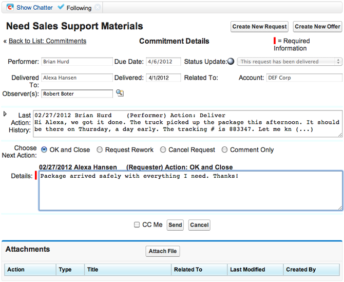 Requester’s Commitment Details after delivery